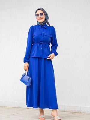 Saks Mavisi Şule Etekli İkili Takım Saks Mavisi Şule Etekli İkili Takım