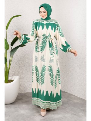 Yeşil Su Yolu Etnik Desenli Viskon Elbise