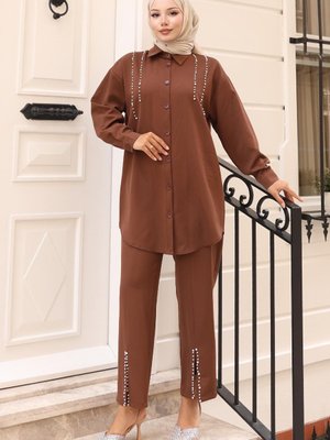Kahverengi İnci Detaylı İkili Takım