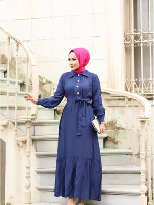 Lacivert Jakarlı Elbise