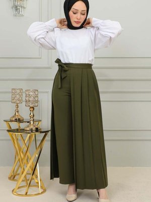 Haki Uzun Piliseli Pantolon Etek