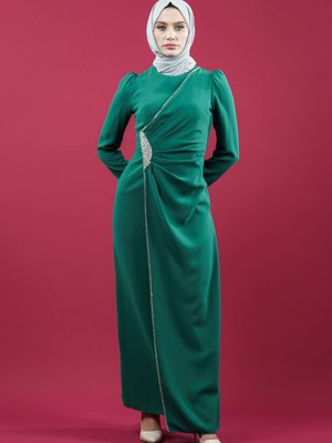 Yeşil Yan Şerit Taş Detaylı Abiye Elbise Yeşil Yan Şerit Taş Detaylı Abiye Elbise