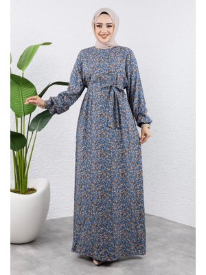 Mavi Renkli Çiçekli Viskon Elbise