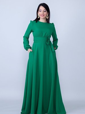 Yeşil Yuvarlak Yaka Uzun Kol Dokuma Kumaş Beli Büzgülü Kuşaklı Cepli Maksi Abiye Elbise Yeşil Yuvarlak Yaka Uzun Kol Dokuma Kumaş Beli Büzgülü Kuşaklı Cepli Maksi Abiye Elbise