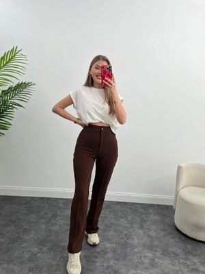 Kahverengi Krep Kumaş Likralı Önü Çimalı İspanyol Paça Kahverengi Krep Kumaş Likralı Önü Çimalı İspanyol Paça