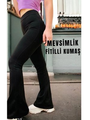 Siyah Yüksek Bel Toparlayıcı Mevsimlik Fitilli Kumaş Ispanyol Paça Tayt Pantolon