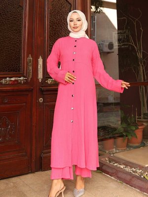 Fuşya Yaka Detaylı Uzun İkili Takım