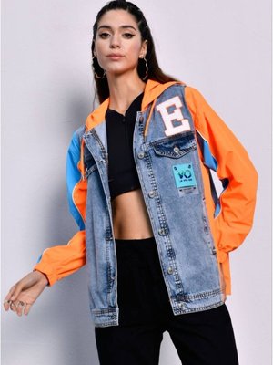 Turuncu Çift Renkli Kot Mix Ceket