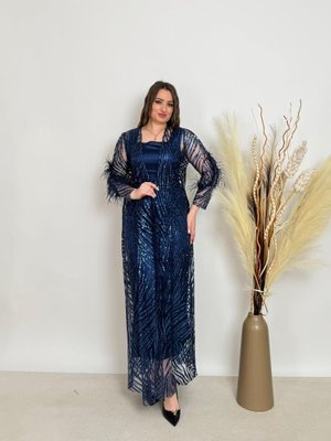 Lacivert Kadın Kimono Ve Elbiseli Abiye Li Takım