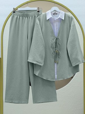 Mint Önü Çift Bağlamalı Pantolonlu Kimono Takım