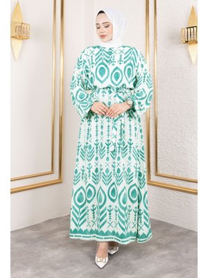 Mint Yeşili Damla Desenli Viskon Elbise