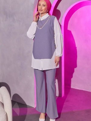 Gri Üçlü Çizgili Takım