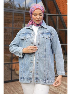 Acık Mavı Omuz Taş Detaylı Oversize Kot Ceket Acik Mavi