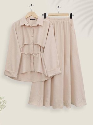 Bej Top Düğmeli Kemerli Etekli Ayrobin İkili Takım