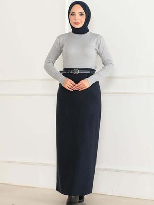 Lacivert Uzun Kemerli Kaşe Kalem Etek Lacivert Uzun Kemerli Kaşe Kalem Etek