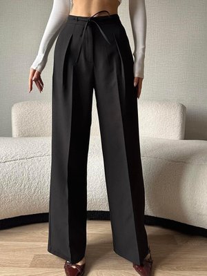 Siyah Bağlama Detaylı Palazzo Pantolon