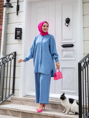 Gök Mavisi Modal Kumaş Gömlek Pantolon Alt Üst Owersize İkili Takım