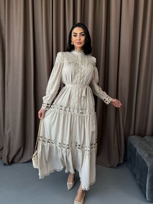 Gri Bej Uzun Dantel Detaylı Elbise