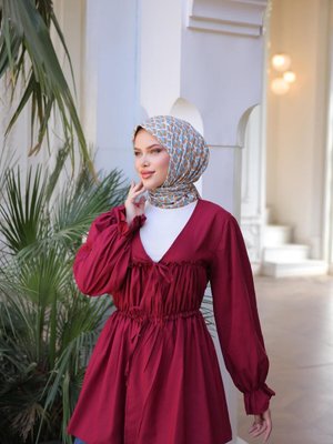 Bordo Beli Büzgülü Lastikli Kimono Tunik Bordo Beli Büzgülü Lastikli Kimono Tunik