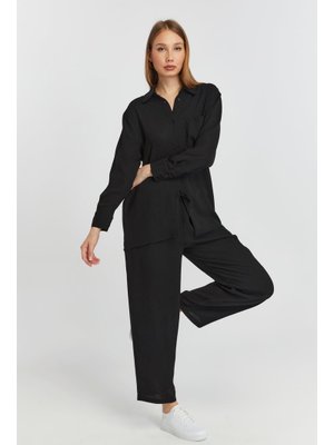 Siyah Bol Paça Dokuma Pantolon