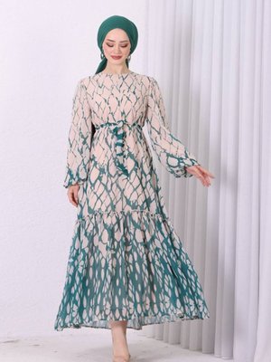 Yeşil Şifon Eteği Fırfırlı Desenli Elbise