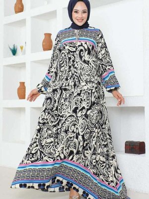 Lacivert Püskül Detaylı Viskon Elbise