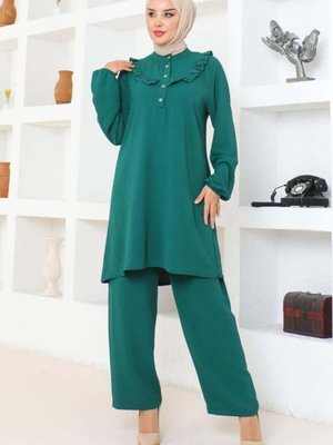 Zümrüt Yeşili Bella Fırfırlı Aerobin İkili Takım