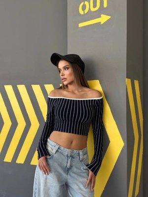 Lacivert Çizgili Ottoman Kumaş Madonna Crop