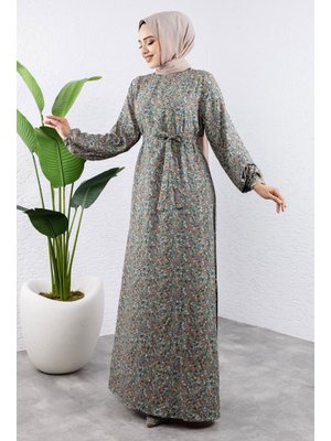 Yeşil Renkli Çiçekli Viskon Elbise