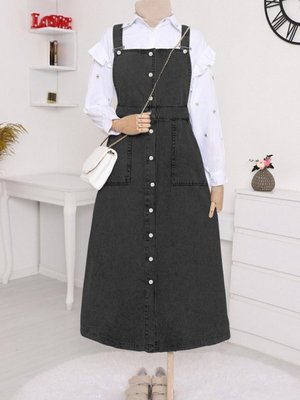 Siyah Boydan Düğmeli Çift Cepli Kot Salopet Siyah Boydan Düğmeli Çift Cepli Kot Salopet