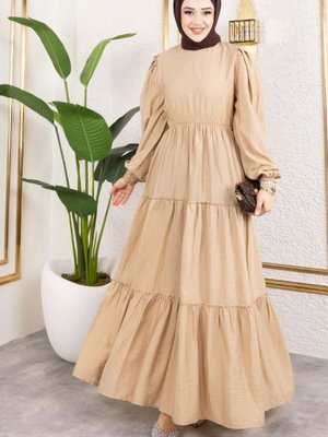 Camel Beli Lastikli Elbise