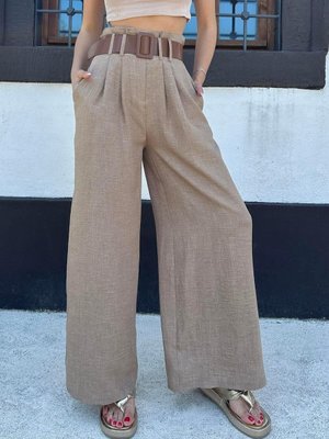 Camel Keten Kemerli Bol Paça Pantolon