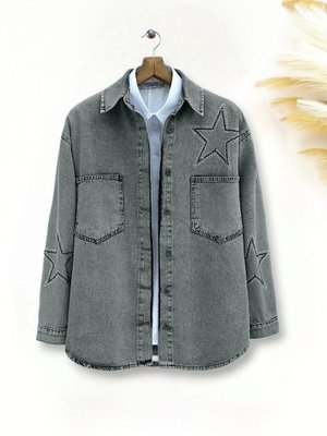 Füme Yıldız Taş Baskılı Çift Cepli Kot Ceket