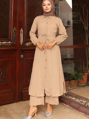 Vizon Yırtmaç Detaylı Uzun İkili Takım Vizon Yırtmaç Detaylı Uzun İkili Takım