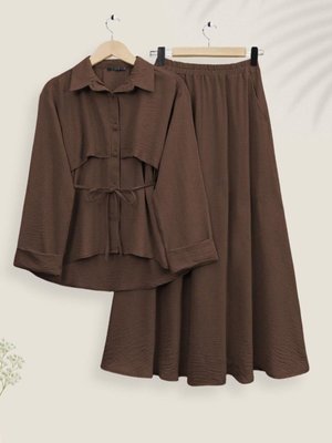 Kahve Top Düğmeli Kemerli Etekli Ayrobin İkili Takım