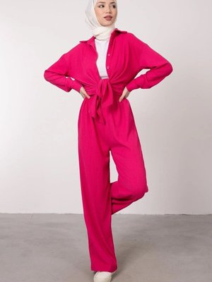 Pembe Düğmeli Rahat Kesim Gofre İkili Takım