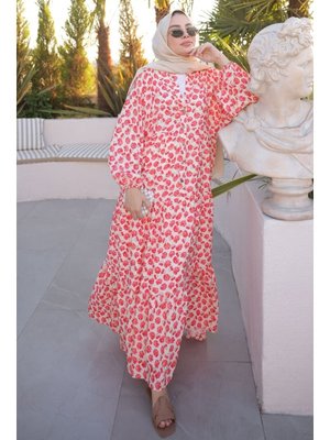 Nar Çiçeği Yarım Düğmeli Eteği Katlı Elbise Nar Çiçeği Yarım Düğmeli Eteği Katlı Elbise