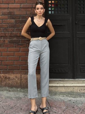Gri Keten Kemerli Düz Paça Pantolon