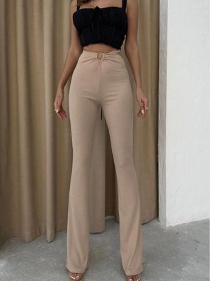 Bej Beli Halka Detay İspanyol Paça Pantolon