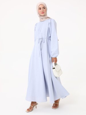 Açık Mavi Pamuk Kumaş Balon Kollu Astarlı Elbise