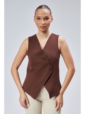 Kahverengi Regular V Yaka Düğmeli Yelek