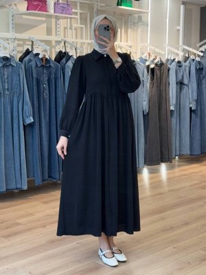 Siyah Göğüs Altından Dalga Büzgülü İnce Krep Kap Ferace