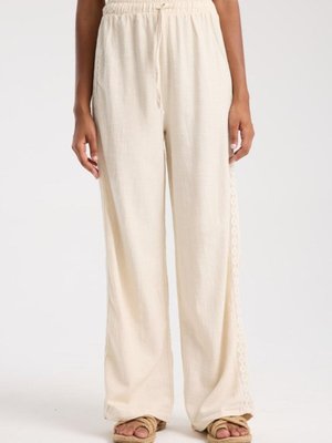 Ekru Yan Etnik Desenli Oversize Keten Pantolon