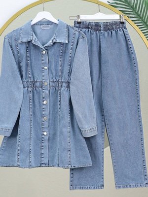 Buz Mavi Beli Lastikli Boydan Düğmeli Ceket Pantolon Kot İkili Takım