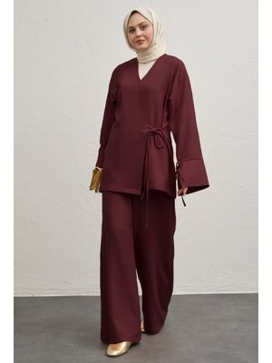 Keten Kimono İkili Bordo Takım