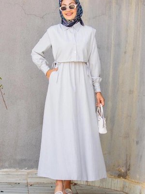 Gri Kreş Yazlık Kumaş Üst Cep Detay Elbise Boy:135cm