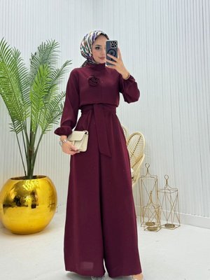 Bordo Çıkarılabilir Broş Gül Detaylı Tulum