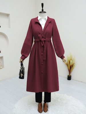 Bordo Hakim Yaka Tünel Bağcıklı Kaşe Kaban