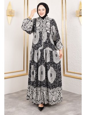 Siyah Varak Desenli Viskon Elbise Siyah Varak Desenli Viskon Elbise