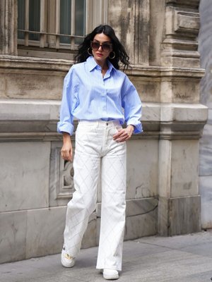 Beyaz Renk Palazzo Önü Starlight Parlak Taşlı Tasarım Denim